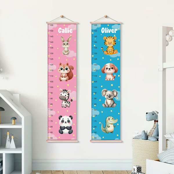 Personalised Stars Clouds Cute Zebra Tiger Forest Animals Hanging Growth Chart with Name Nursery Room Decor Birthday Christmas Gift for Boys Girls