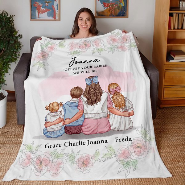 Personnalisé Aquarelle Oeillet Mère et 1-3 Enfants Personnage Cartoon Couverture Douce avec Noms Décoration Maison Fête des Mères Cadeau d'Anniversaire pour Maman