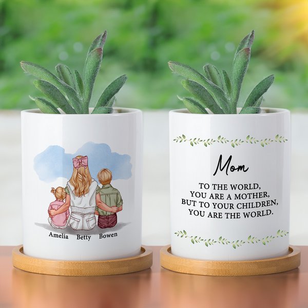 Spersonalizowana akwarela Family Embrace Ceramiczna doniczka z bambusową podstawą i tekstem Dekoracja domu Prezent urodzinowy na Dzień Matki dla mamy