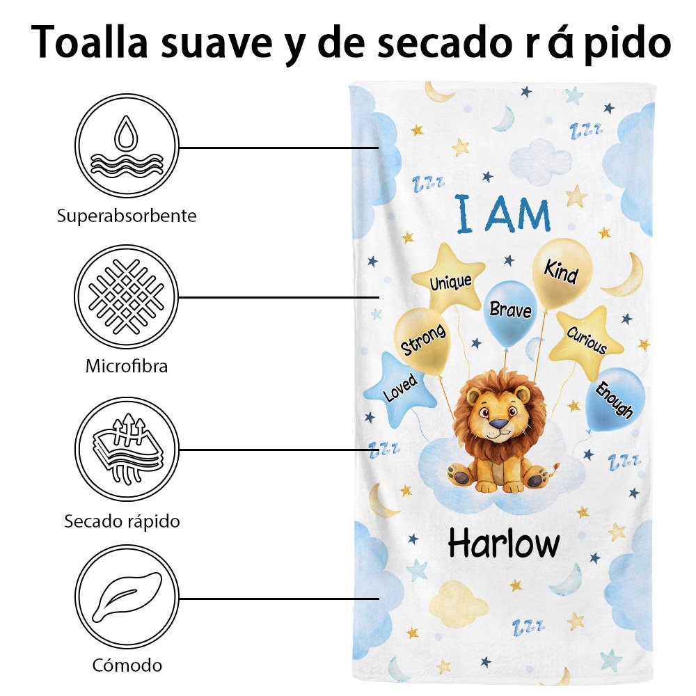 Toalla de playa de gran tamaño y secado rápido con el nombre de un animal de acuarela personalizado Accesorios de vacaciones de cumpleaños Regalo para 7