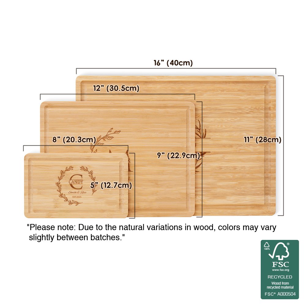 Tabla para cortar embutidos de bambú FSC con monograma grabado y ranura para zumo Decoración de hogar Regalo de boda para pareja Familia 13