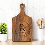 Personalized Engraved Wreath Monogram Design Wood Charcuterie Cutting Board with Handle Wedding Home Decor Housewarming Gift for Couple Family