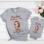 Personalized Mom Hugs Baby 100% Cotton Baby Bodysuit Matching T-shirt with Names and Date First Mother's Day Gift for Newborn New Mom