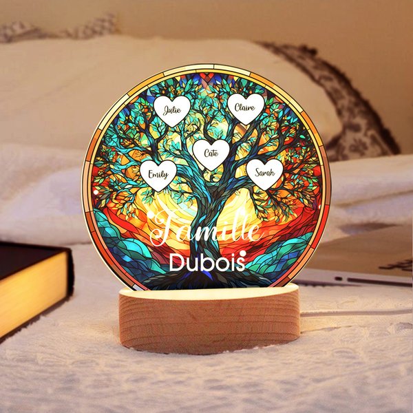 Veilleuse LED Personnalisée avec 2-16 Noms Design Arbre de Vie Style Vitrail Base en Bois Cadeau Anniversaire Fête des Mères pour Famille Maman