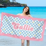 Personalized Quick Dry Microfiber Checkerboard Daisies Beach Towel with Name Summer Travel Essential Gift for Kids