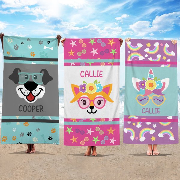 Spersonalizowany ręcznik plażowy Unicorn Dog Fox Monkey Design Oversized Quick Dry Beach Towel z imieniem Plaża Basen Impreza Urodziny Prezent dla chłopców Dziewczynki