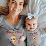 Personalized Mom Hugs Baby 100% Cotton Baby Bodysuit Matching T-shirt with Names and Date First Mother's Day Gift for Newborn New Mom
