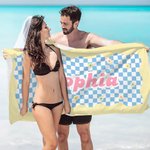 Personalized Quick Dry Microfiber Checkerboard Daisies Beach Towel with Name Summer Travel Essential Gift for Kids