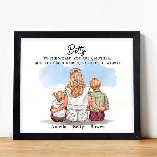 Personalised Mother and 1-3 Children Cartoon Character Electronic File Paper Framed Painting with Names Home Decor Mother's Day Birthday Gift for Mom