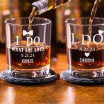 Personalized I DO Whiskey Glasses with Engraved Name and Date Set of 2 Wedding Anniversary Gift for Couple