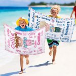 Personalisiertes Niedliches Cartoon Charakter Strandtuch mit Namens-Wortwolke Schnelltrocknend Übergroß Urlaub Zubehör Geburtstag Geschenk für Kinder