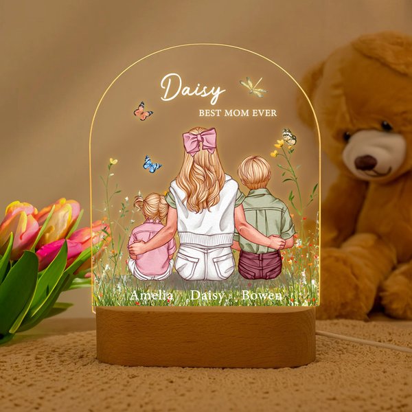 Personlig Best Mom Ever Akvarell Familj Embrace LED-nattlampa med träbas Heminredning Mors dag Födelsedagspresent till mamma