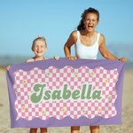 Personalized Quick Dry Microfiber Checkerboard Daisies Beach Towel with Name Summer Travel Essential Gift for Kids