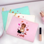 Personalisierte Canvas-Kosmetiktasche mit Kussmund Cartoon-Mode-Mädchen Namen Tragbares Reise-Essentials Geburtstag Brautjungfer Geschenk für Damen