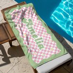 Personalized Quick Dry Microfiber Checkerboard Daisies Beach Towel with Name Summer Travel Essential Gift for Kids