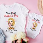 Personalized Mom Hugs Baby 100% Cotton Baby Bodysuit Matching T-shirt with Names and Date First Mother's Day Gift for Newborn New Mom