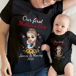 Personalized Mom Hugs Baby 100% Cotton Baby Bodysuit Matching T-shirt with Names and Date First Mother's Day Gift for Newborn New Mom