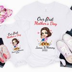 Personalized Mom Hugs Baby 100% Cotton Baby Bodysuit Matching T-shirt with Names and Date First Mother's Day Gift for Newborn New Mom