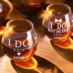 Personalized I DO Whiskey Glasses with Engraved Name and Date Set of 2 Wedding Anniversary Gift for Couple