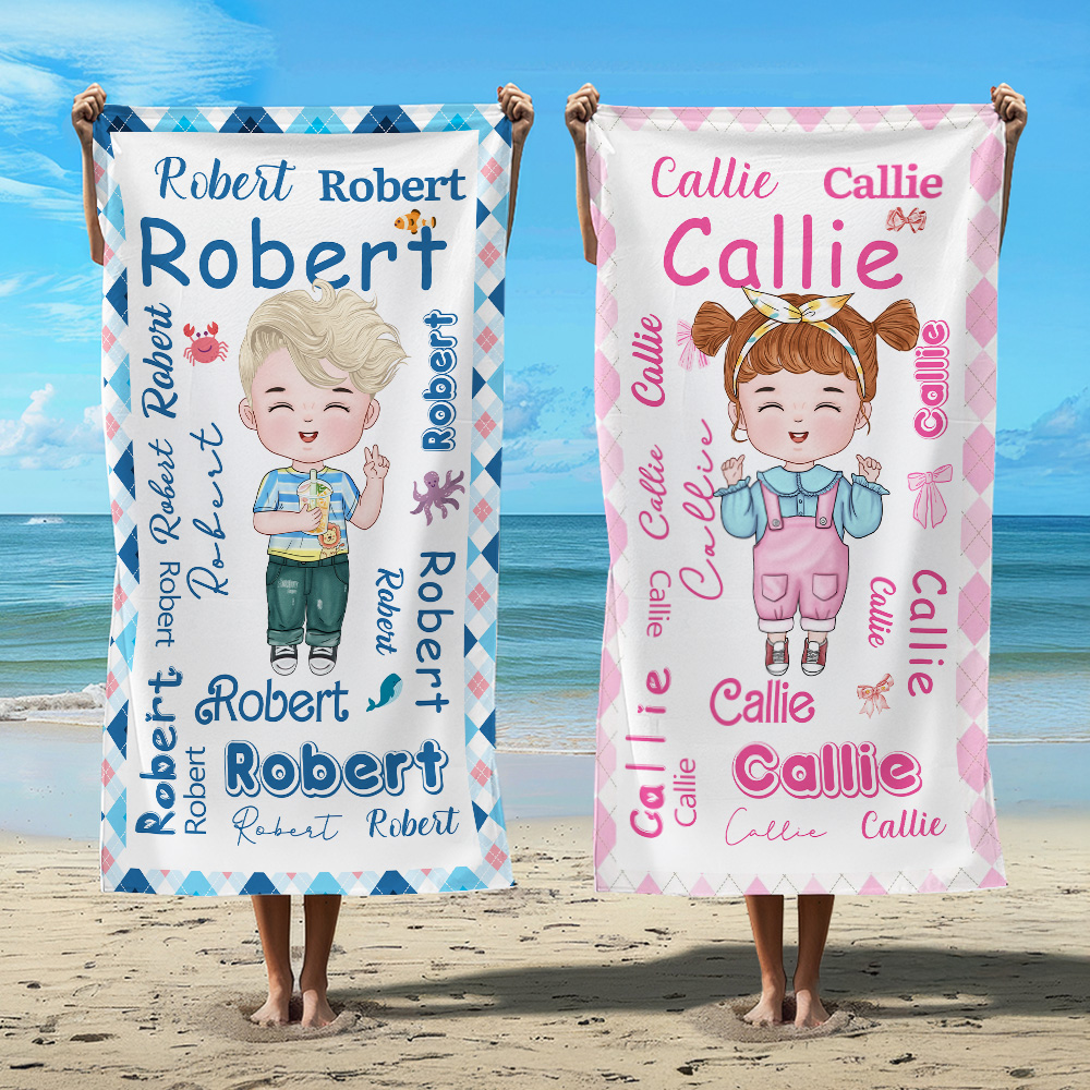 Personalisiertes Niedliches Cartoon Charakter Strandtuch mit Namens-Wortwolke Schnelltrocknend Übergroß Urlaub Zubehör Geburtstag Geschenk für Kinder