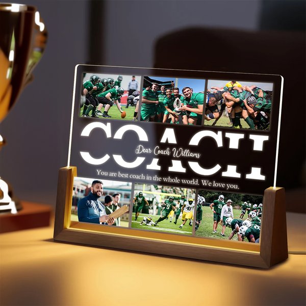 Personalised 6 Photo Collage Soccer Cheer Acrylic LED Night Light with Text and Wooden Base Home Decor Birthday Gift for Coach Sports Lover