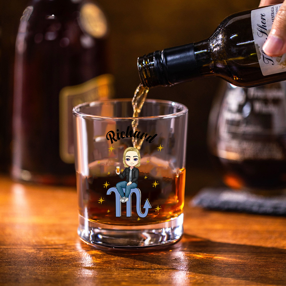 Personalisierte Cartoon Figur Sternzeichen 295 ml Old Fashioned Whisky Glas mit Namen Vatertag Geburtstag Geschenk für Familie Weinliebhaber