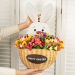 Lapin de Pâques avec panier de fleurs personnalisé Panneau de porte en bois pour décoration de cour,