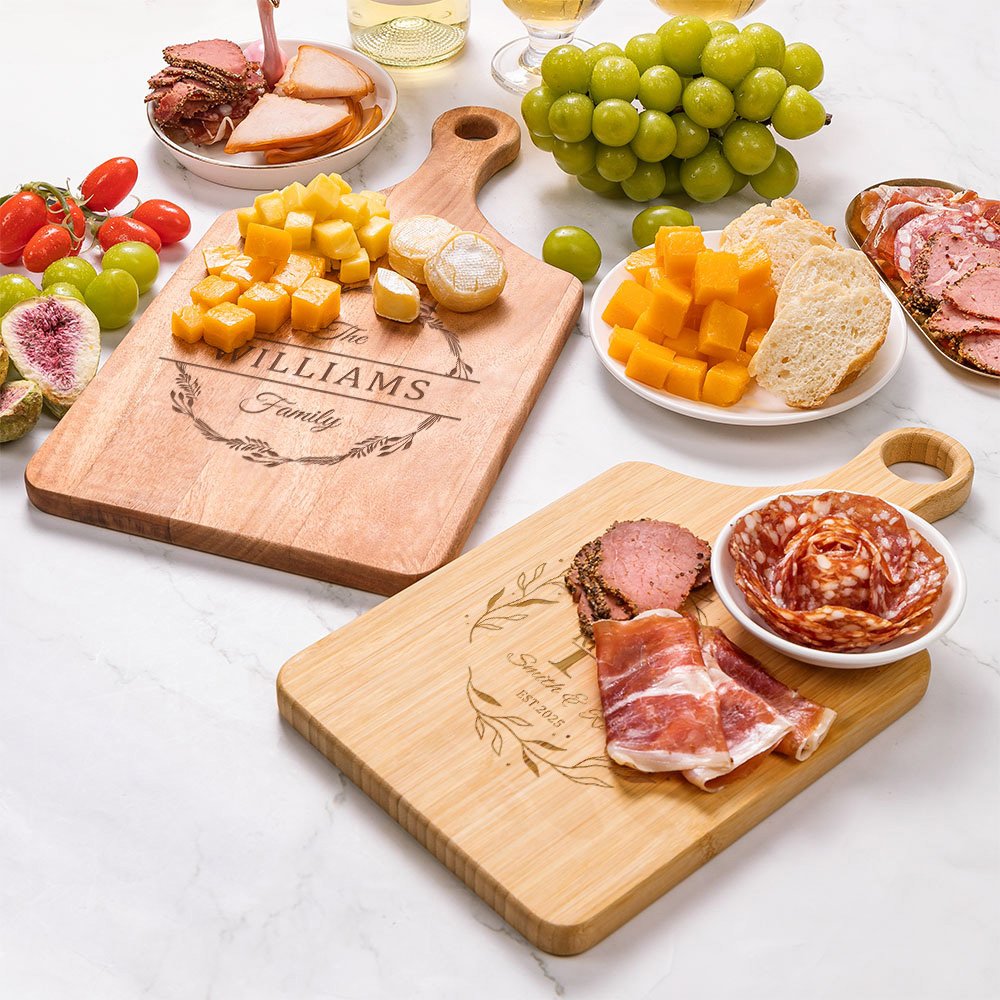 Personalized Engraved Wreath Monogram Reversible Wood Charcuterie Cutting Board with Finger Grip Housewarming Wedding Gift for Family Couple 4