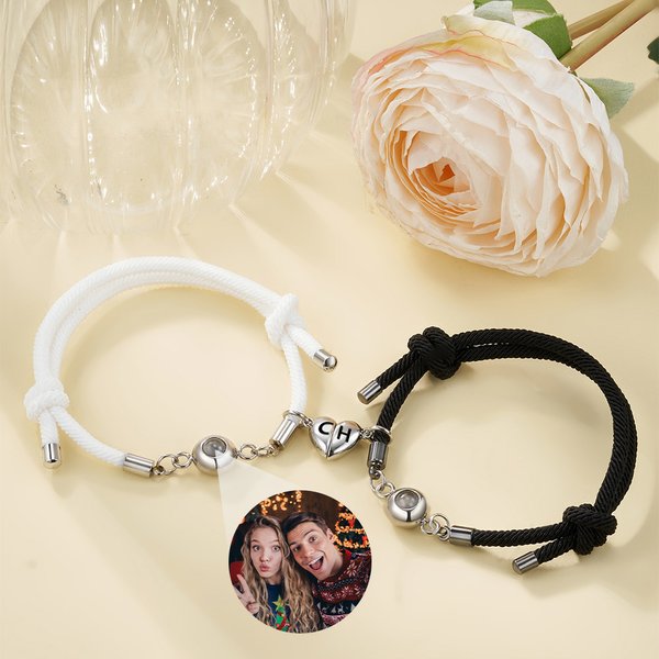 Personalized Matching Magnetic Heart Photo Projection Braided Bracelet with Engraved Initials Set of 2 Birthday Anniversary Gift for Couple