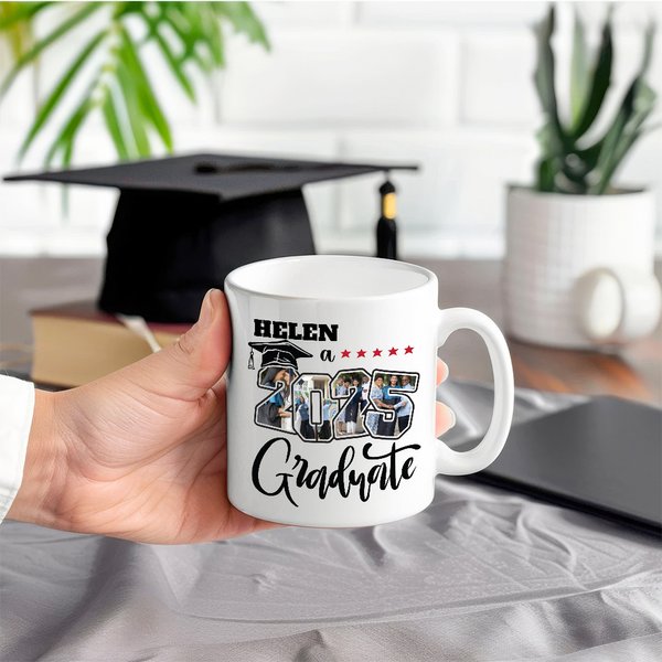 Personalised Five Star 2025 Graduate Photo Collage 11 oz 15 oz Ceramic Coffee Mug with Name Graduation Keepsake Party Gift for Graduates