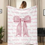 Personalised Girly Pink Coquette Bow Soft Throw Blanket with Repeating Names Trendy Home Decor Birthday Gift for Women Girls
