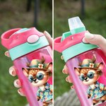 Personalisierte Hawaii-Thema Cartoon Tier Charakter 16 oz Kind Wasserflasche mit Stroh und Spill-Proof-Deckel zurück zu Schule Geburtstag Geschenk für Mädchen Jungen