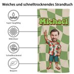 Personalisiertes Retro Kariertes Cartoon Strandtuch mit Gesicht Foto und Namen Mikrofaser Urlaub Badeanzug-Party Geschenk für Freundin Freund