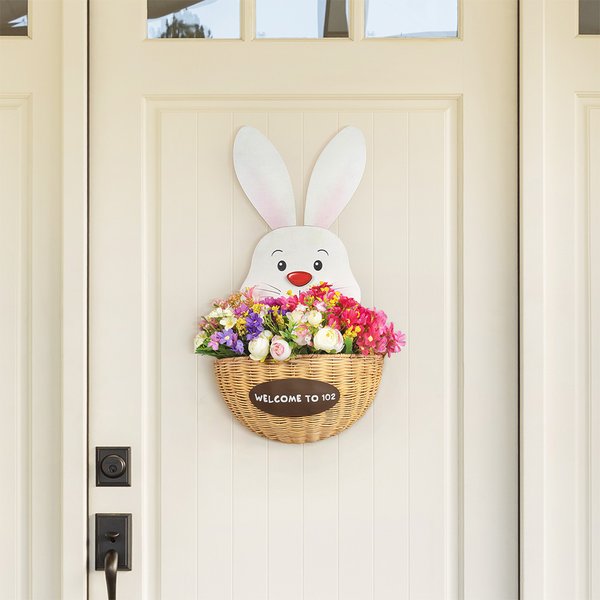 Personlig påskhare med blomsterkorg dörrskylt i trä dekoration för gård gårdhus veranda dekor
