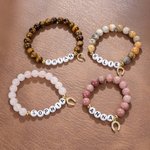 Personalised Lucky Horseshoe Natural Gemstones Beaded Bracelet with Name and Elastic Cord Birthday Anniversary Gift for Horse Lovers Equestrians