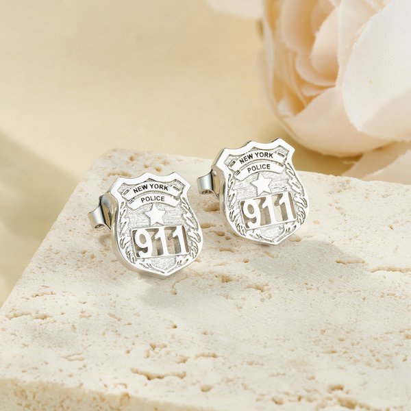 Personalized Police Badge Unisex Stud Earrings with Department and Number Police Day Birthday Appreciation Gift for Police Officer Family