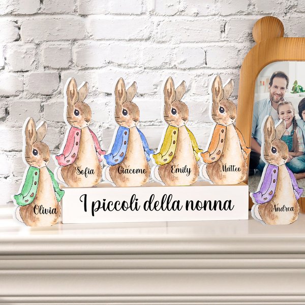 Decorazione Peter Rabbit in legno conigli personalizzati con 1-12 nomi ornamento con base regalo di Pasqua per famiglia