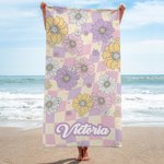 Personalized Oversized Quick Dry Retro Colourful Daisy Beach Towel with Name Birthday Summer Vacation Party Gift for Her