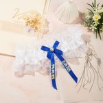 Personalisiertes Hellblaues Weißes Strumpfband Elastizität Perle Spitze Schleife mit Namen und Datum Hochzeit Geschenk für Braut