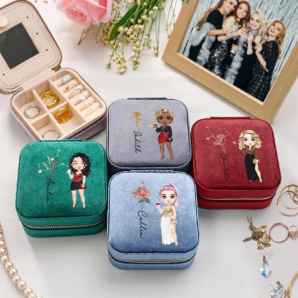 Personalised Zodiac Birth Flower Cartoon Character Flannel Mirror Jewellery Box with Name Birthday Mother's Day Gift for Women