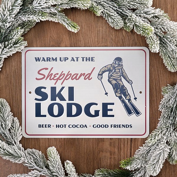 Personalised Metal Ski Lodge Sign with Location and Name Wall Art Skiing Decor Winter Sports Birthday Gift for Ski Lodge Owner Ski Enthusiasts