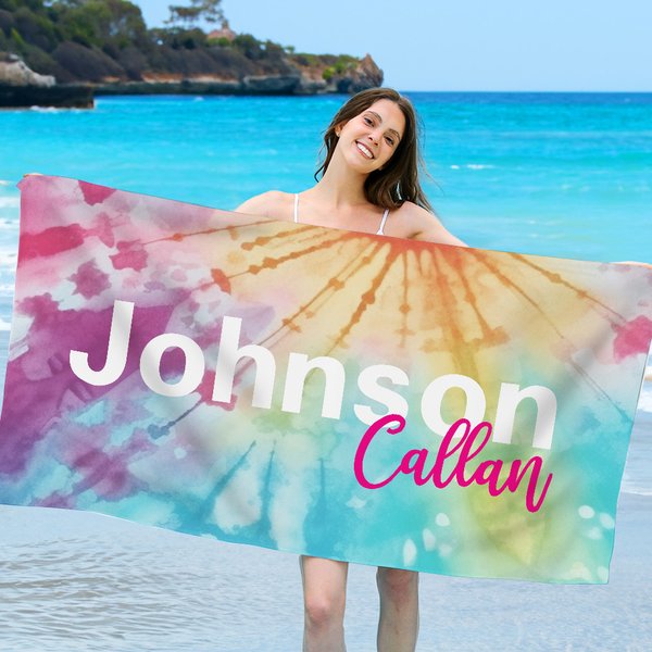 Spersonalizowany ręcznik plażowy Quick Dry Tie Dye z imieniem Urodziny Lato Wakacje Impreza Prezent dla Niej