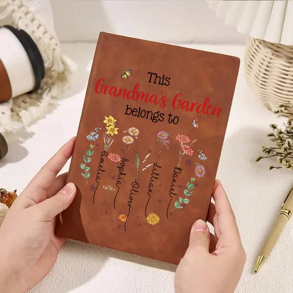 Personalized Heart Birth Flower Leather Lined Journal Notebook with 1-12 Names and 100 Pages Paper Mother's Day Birthday Gift for Mom Grandma