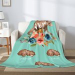 Personalized Cute Watercolor Bear Mom and Kids Floral Soft Throw Blanket with Name Birthday Mother's Day Anniversary Gift for Mom Grandma