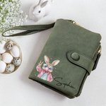 Personalized Easter Bubble Blowing Bunny Leather Tri-folded Wristlet Wallet with Name and Card Holder Easter Birthday Gift for Her
