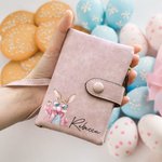 Personalized Easter Bubble Blowing Bunny Leather Tri-folded Wristlet Wallet with Name and Card Holder Easter Birthday Gift for Her