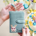 Personalized Easter Bubble Blowing Bunny Leather Tri-folded Wristlet Wallet with Name and Card Holder Easter Birthday Gift for Her