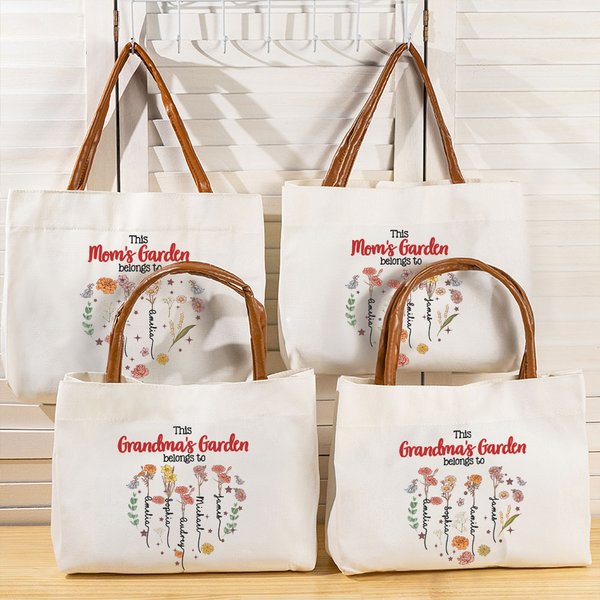Cuore personalizzato Nascita Fiore Famiglia Giardino Grande Borsa Tote in tela con 1-12 nomi Accessori da viaggio Compleanno Festa della Mamma Regalo per la nonna
