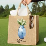 Personalized Birth Flower Golf Bag Jute Tote Bag with Name Travel Essentials Birthday Gift for Golf Lovers