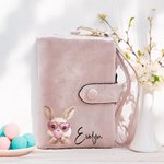 Personalized Easter Bubble Blowing Bunny Leather Tri-folded Wristlet Wallet with Name and Card Holder Easter Birthday Gift for Her